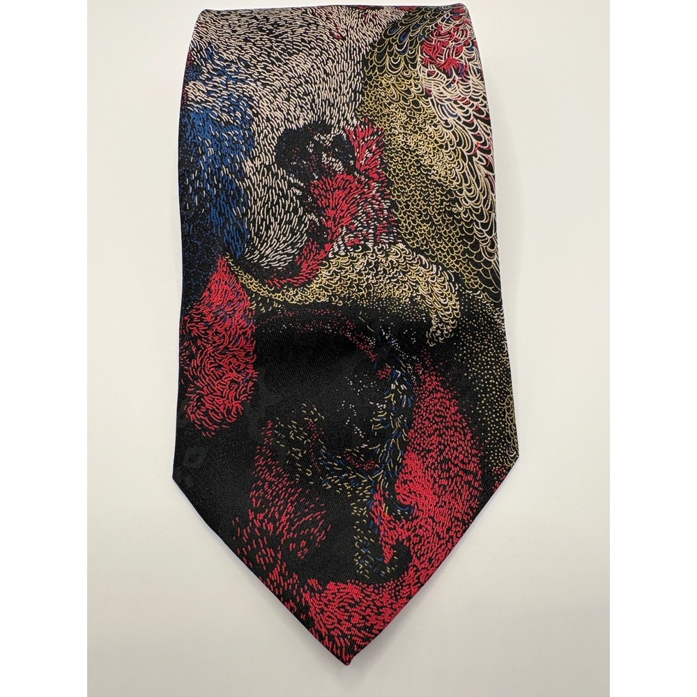 Handmade in Italy Mens Silk Tie Abstract Feather Pattern Red Blue Gold Black